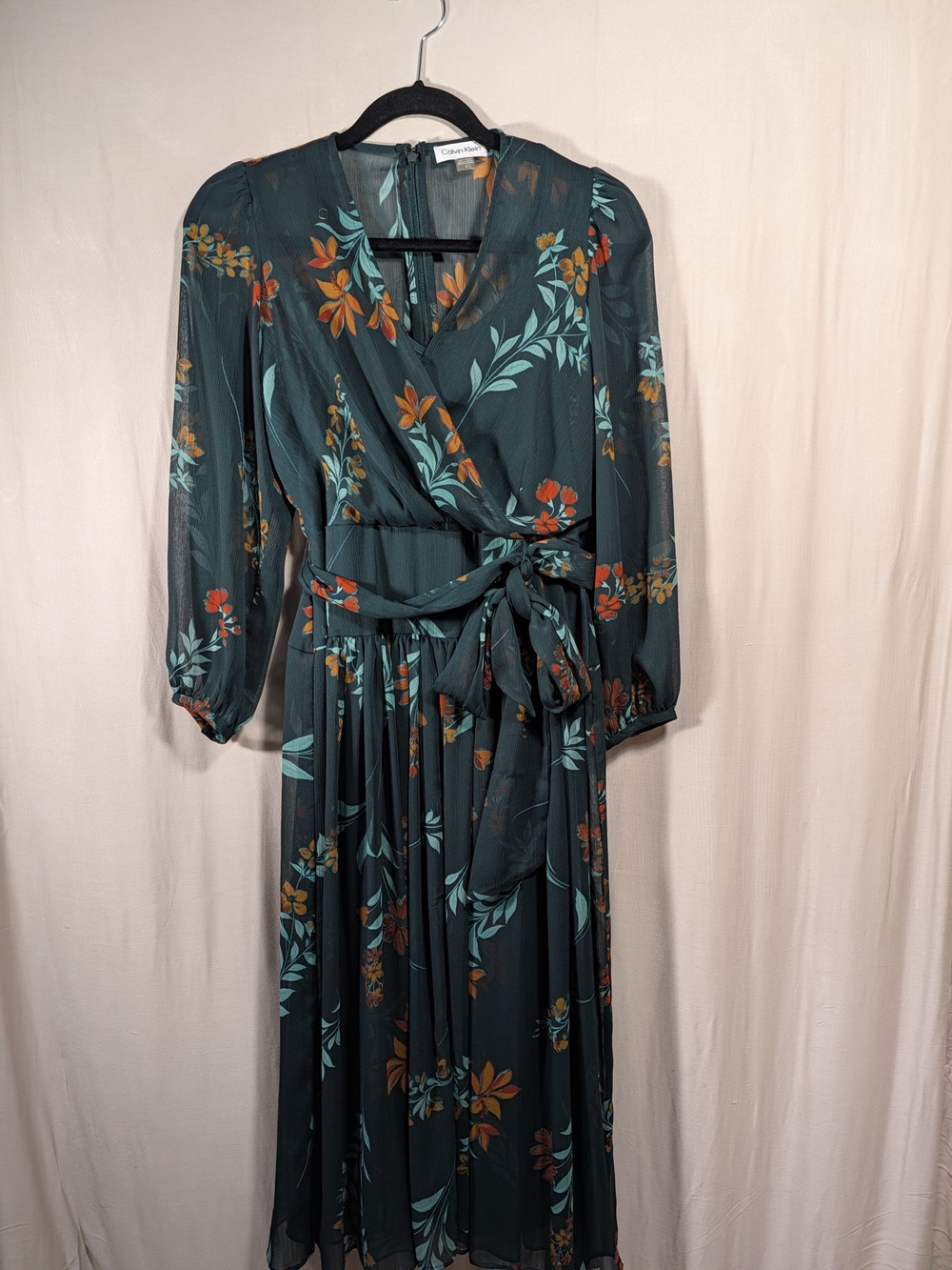 Calvin Klein Hunter Green Floral Wrap Midi Dress
